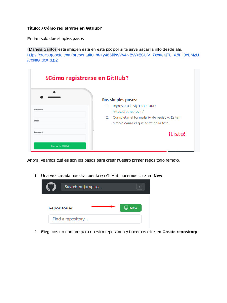 Cómo registrarse y crear repositorio en GitHub | PDF