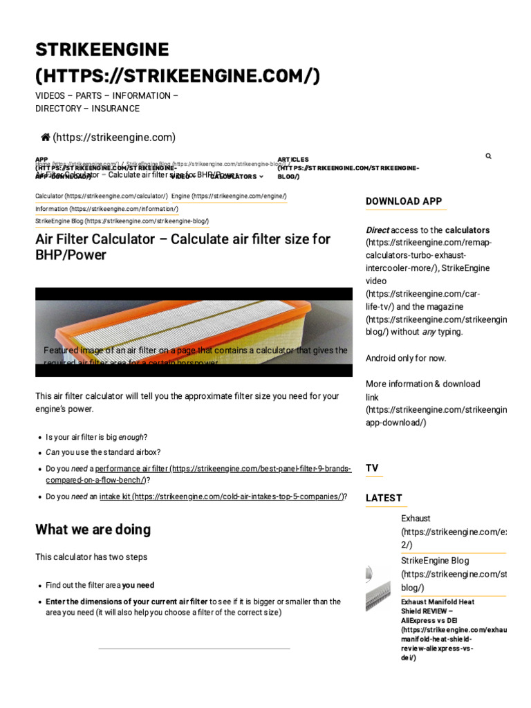 Air Filter Calculator - Calculate Air Filter Size For BHP - Power ...