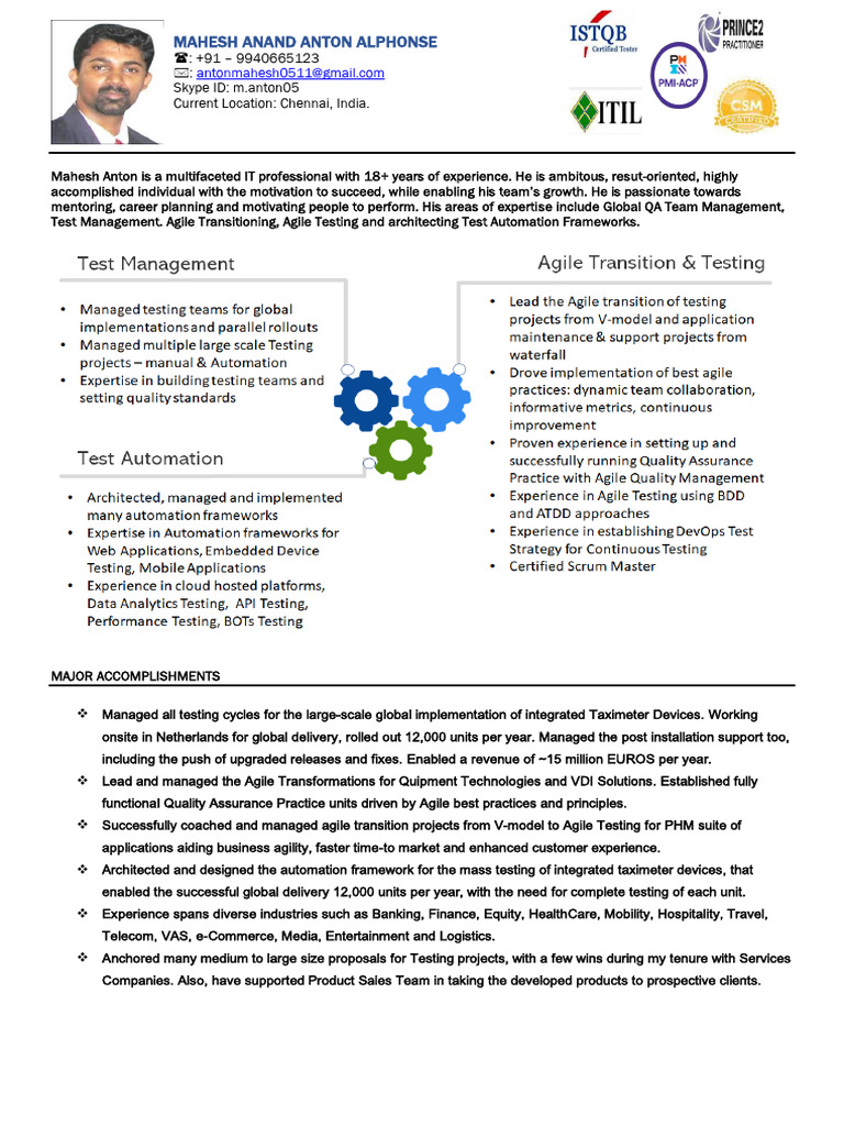 Mahesh Anton: Test Manager Profile | PDF | Software Testing | Selenium ...