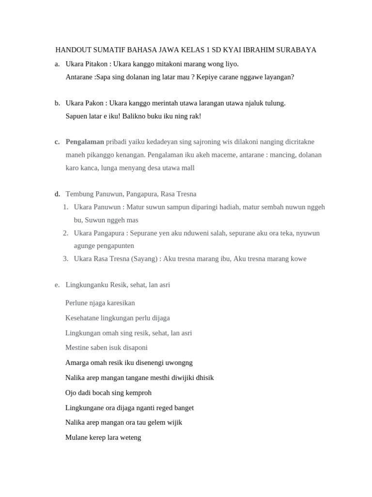 Handout Sumatif Bhs. Jawa Kelas 1 SD Kyai Ibrahim Surabaya | PDF