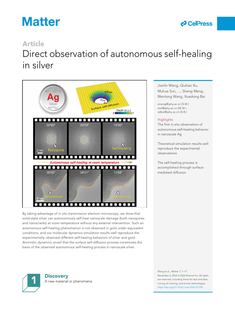 Direct Observation of Autonomous Self Healing of Silver | PDF ...