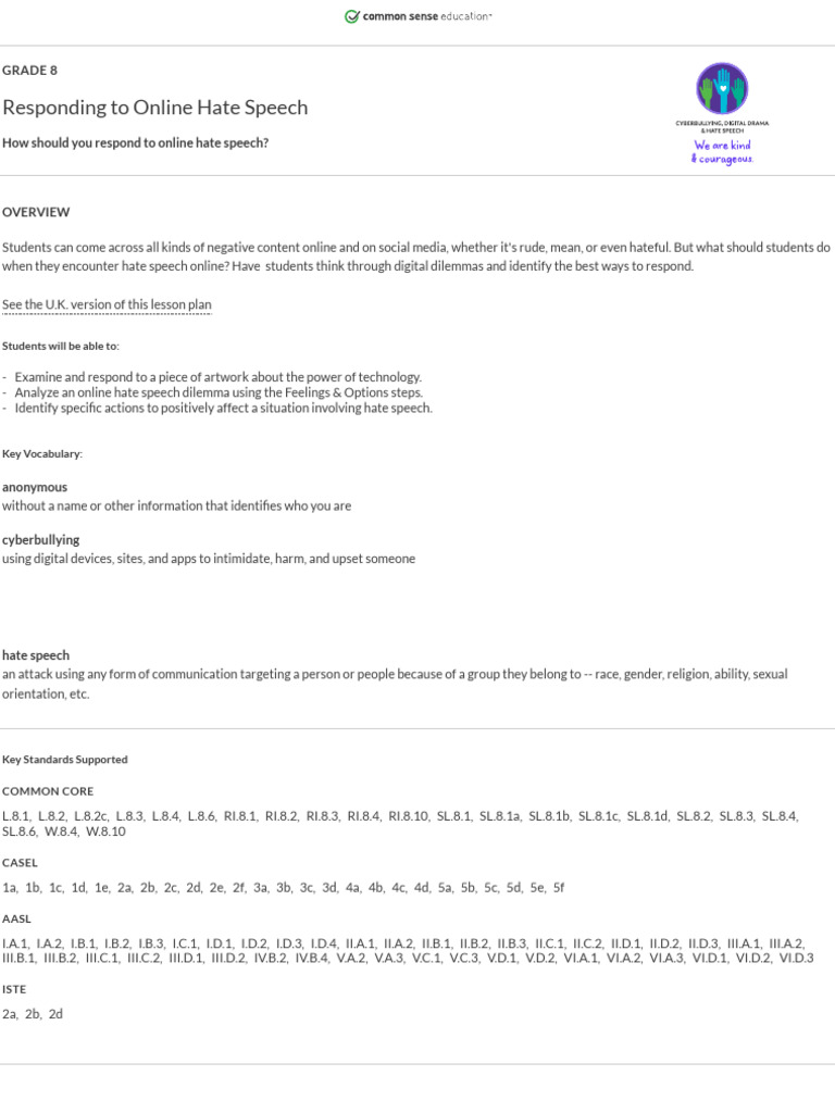 8 Responding To Online Hate Speech - Common Sense Education | PDF ...