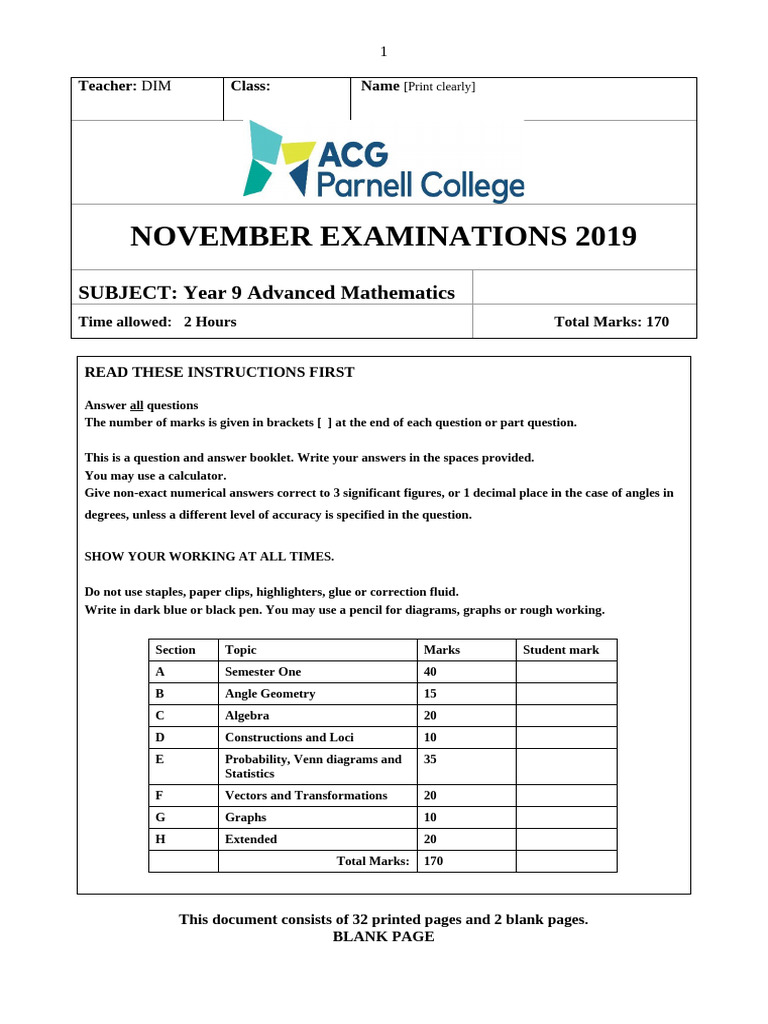 Year 9 Advanced Mathematics Exam 2019 | PDF | Mathematics | Numbers