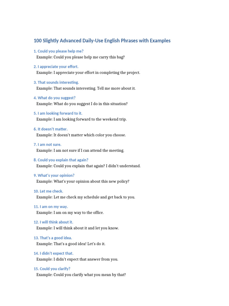 100 Slightly Advanced Phrases With Examples | PDF | Thought | Cognitive ...