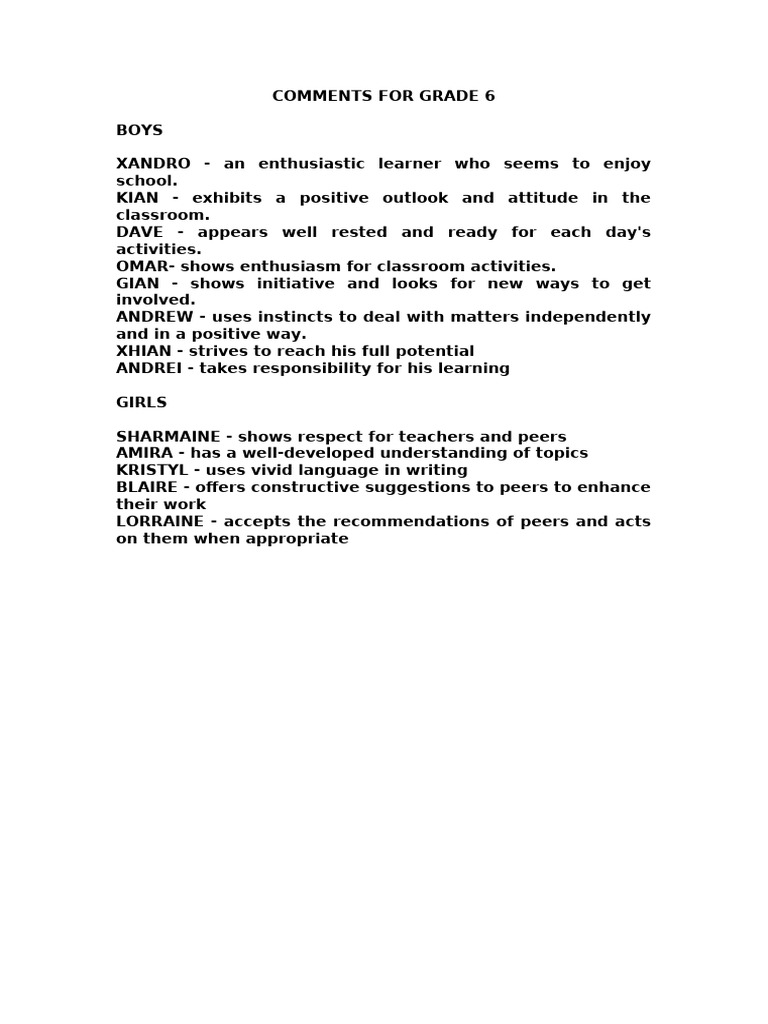 Comments for Grade 6 | PDF