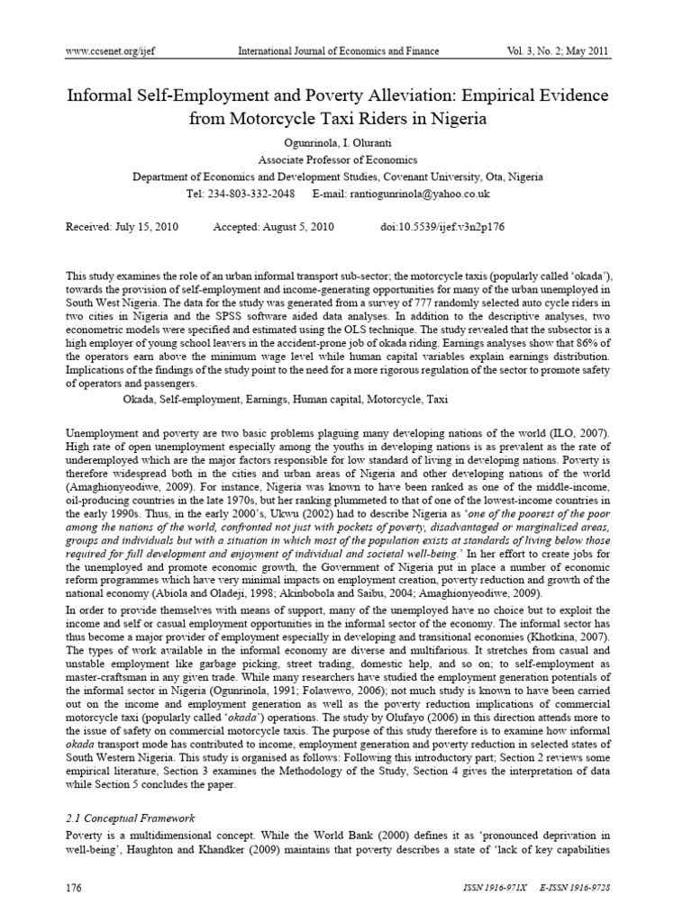 Informal Self-Employment and Poverty Alleviation | PDF | Coefficient Of ...