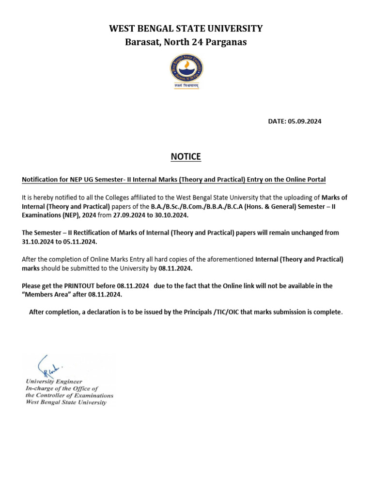 Notice For Internal Marks Entry of Semester-II (NEP SYSTEM) 2024 WBSU | PDF
