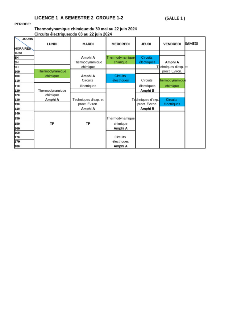 Emploi du temps Licence 1 Semestre 2 | PDF