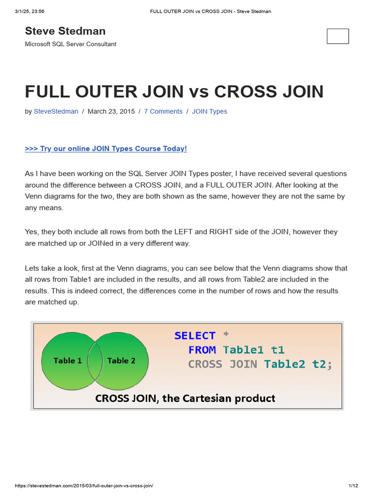 FULL OUTER JOIN Vs CROSS JOIN - Steve Stedman | PDF | Data | Sql