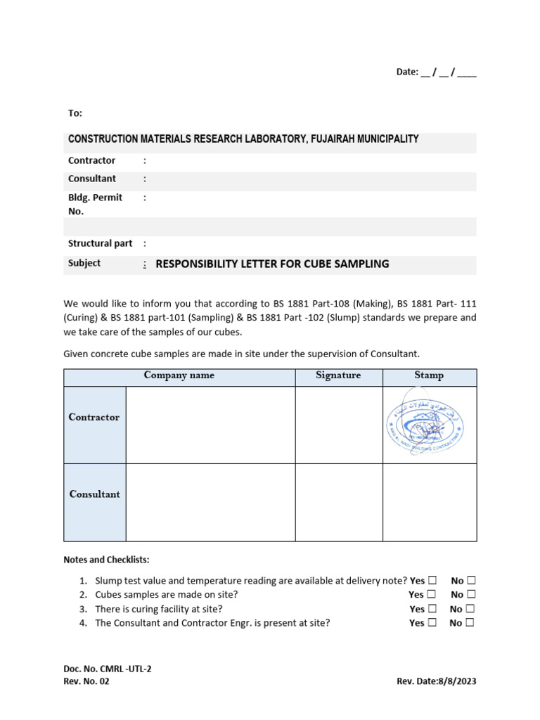 Cube Sampling Responsibility Letter | PDF