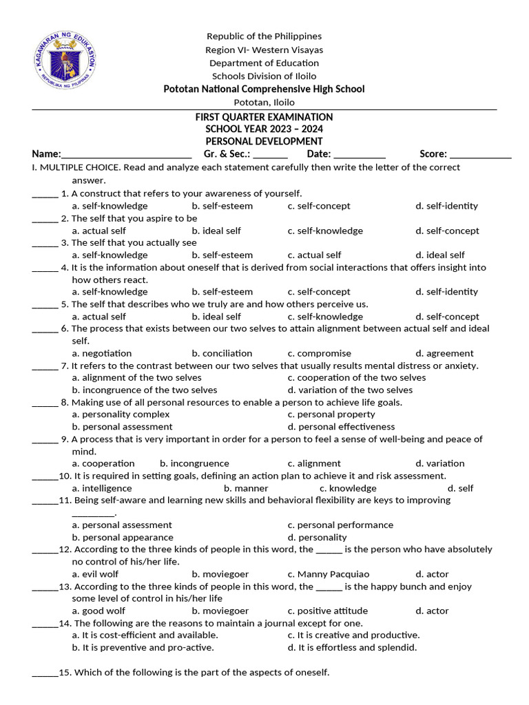 1st Quarterly Exam in Per Dev | PDF | Self Concept | Thought
