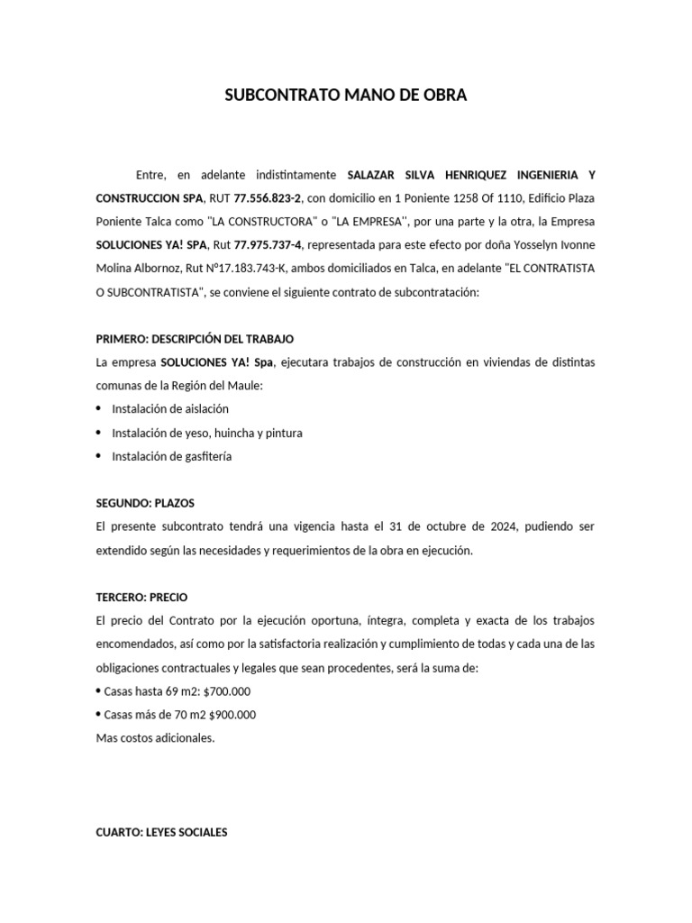 Subcontrato Mano de Obra | PDF