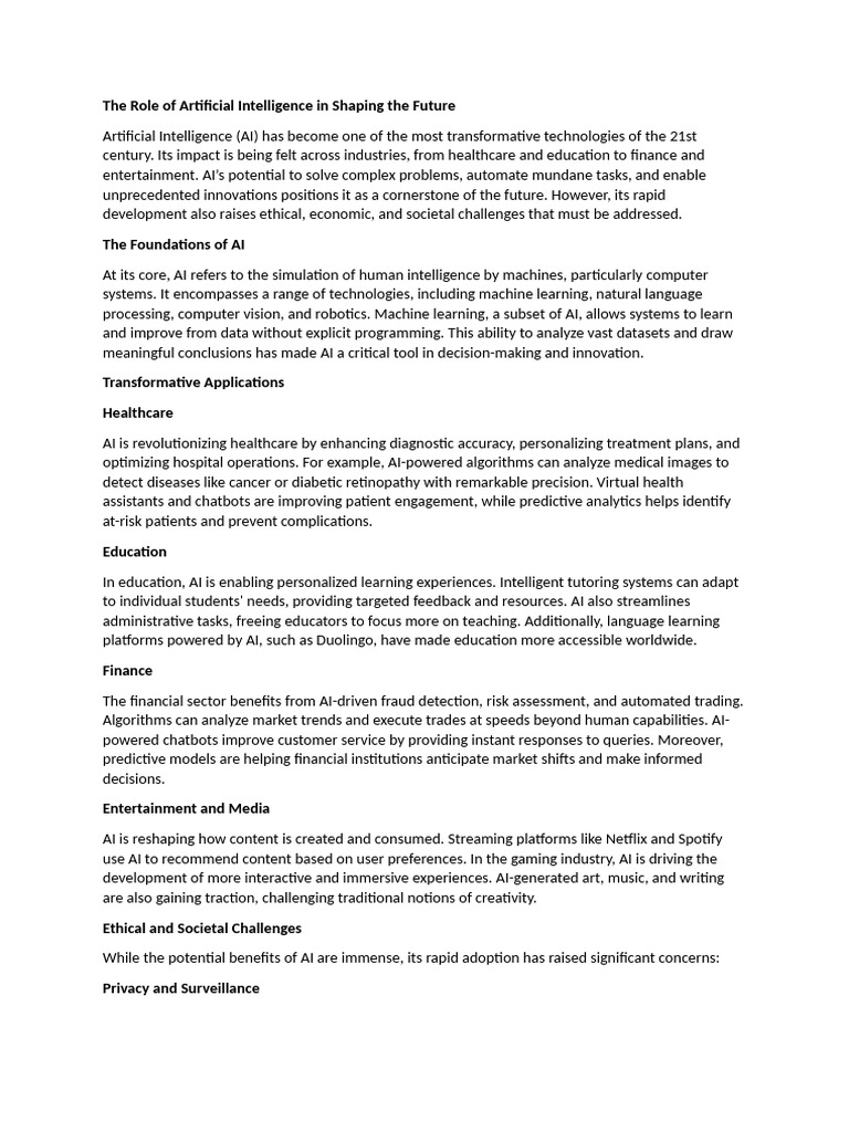 The Role of Artificial Intelligence in Shaping The Future | PDF ...