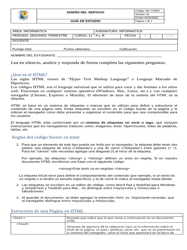 Guía HTML para Estudiantes de 11° | PDF | HTML | Red mundial