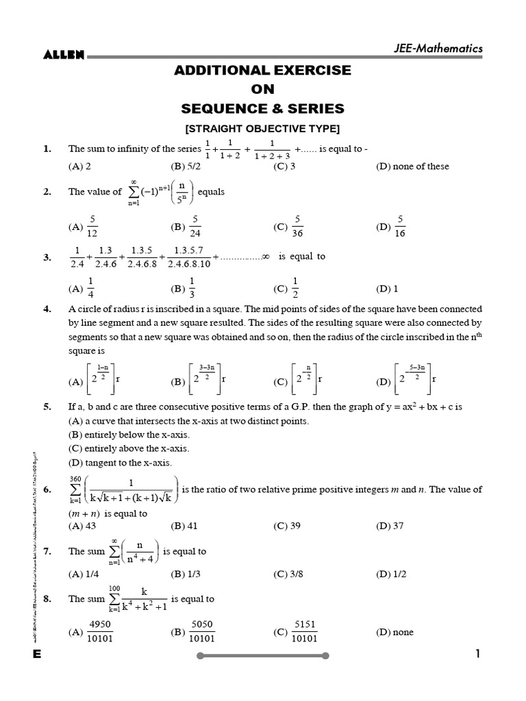 Additional Exercises on Sequence & Series | PDF | Numbers | Quadratic ...
