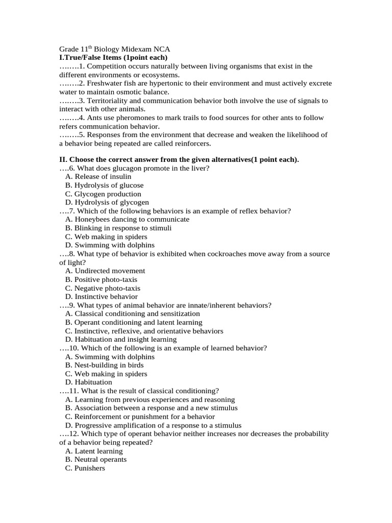11th Grade Biology Midterm Exam Guide | PDF | Homeostasis ...
