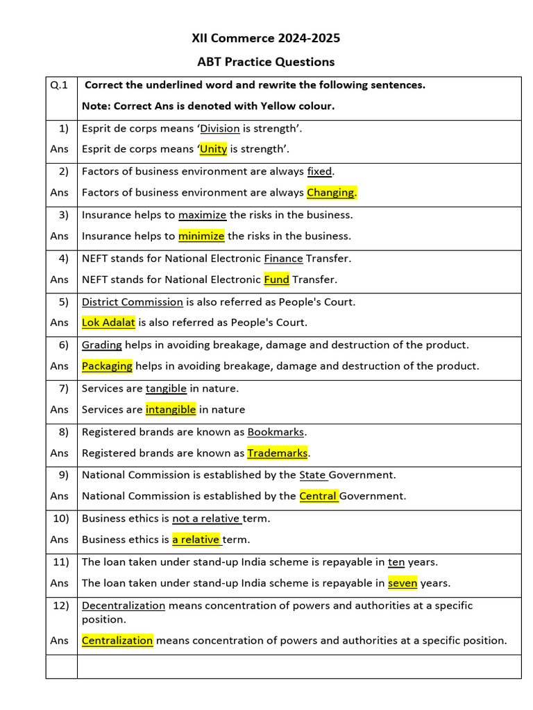 OCM 12th Commerce Practice Questions | PDF | Payments | Business