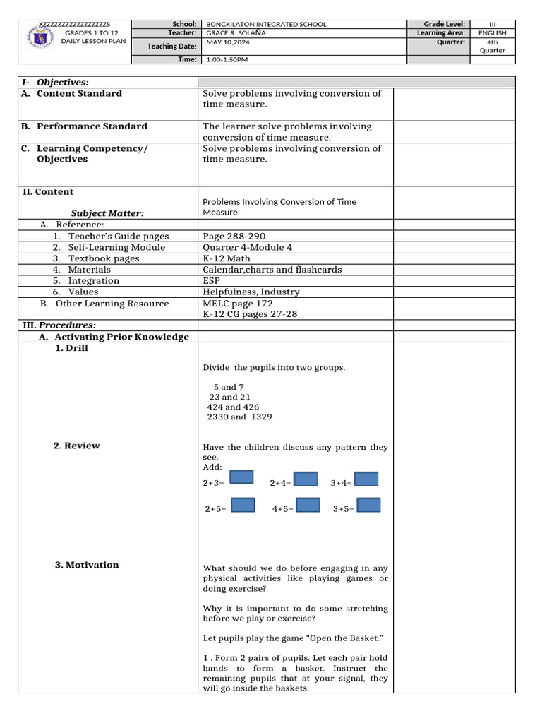 Grade 3 English Lesson Plan: Time Conversion | PDF | Lesson Plan | Learning