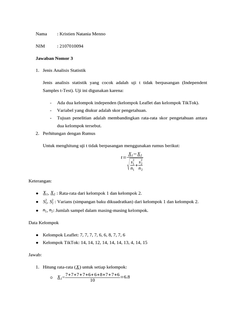 Nomor 3 Independent Sample T-Test Rumus | PDF
