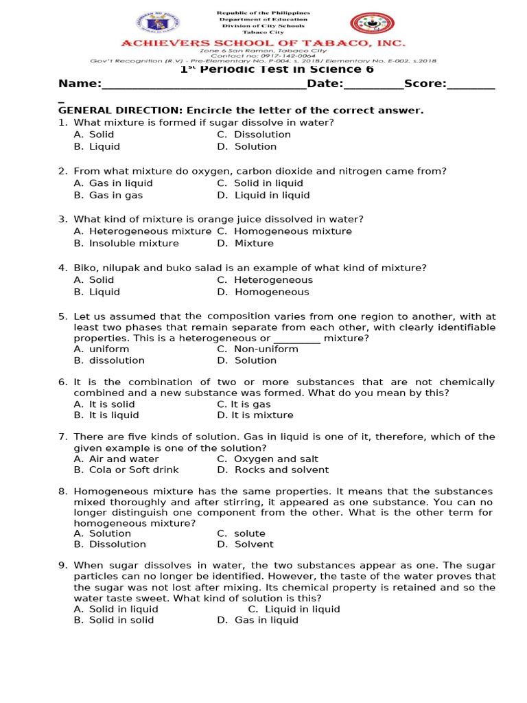 1st Periodic Test in Science 6 | PDF | Mixture | Solubility