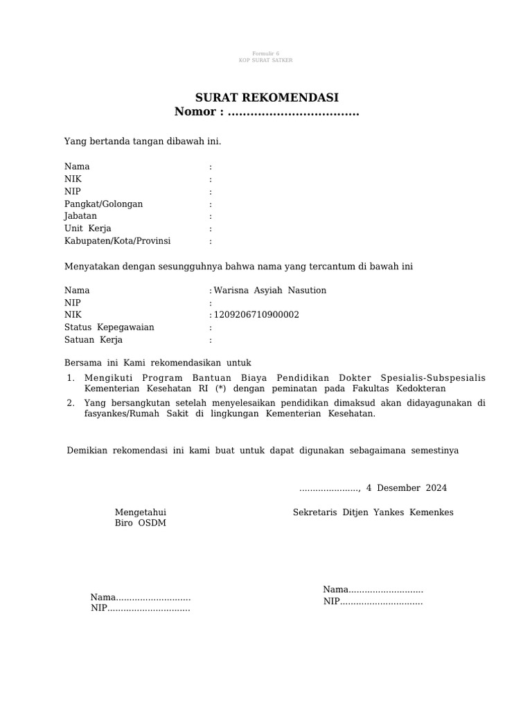 Surat Rekom Satker 2024 | PDF
