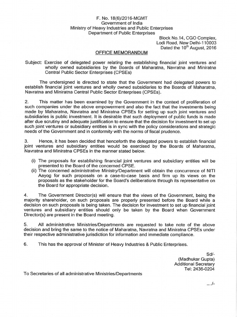 DPE GuidelinesFinancial JVs & SubsidiariesBoards of Maharatna