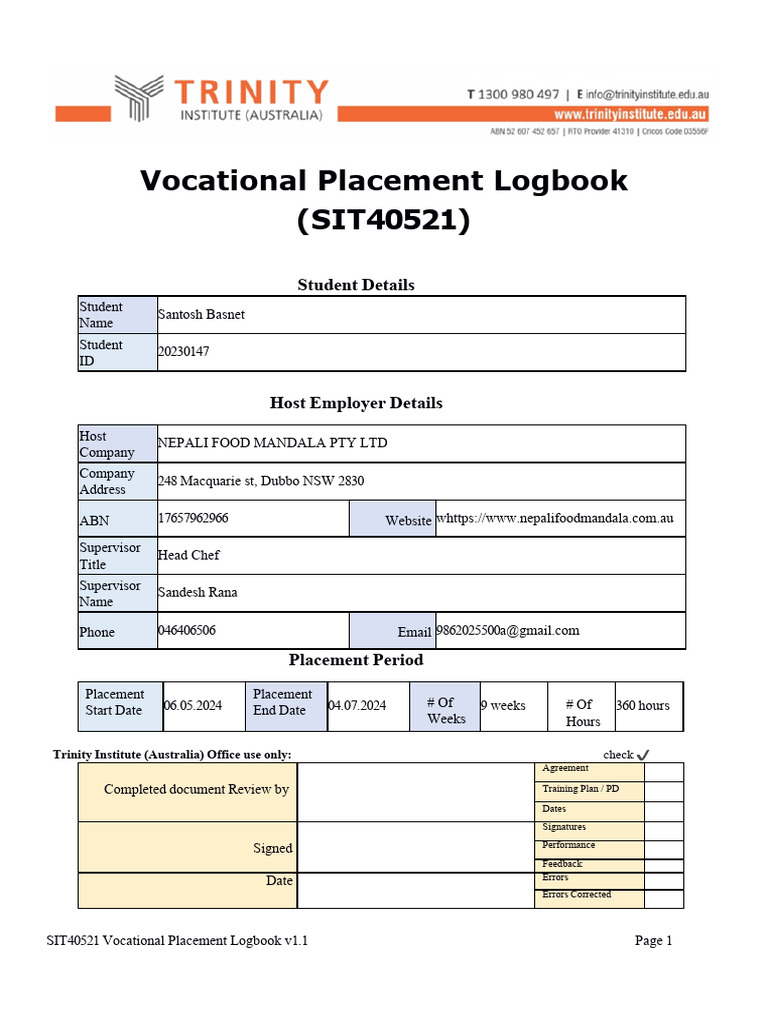 SIT40521 Vocational Placement Logbook | PDF | Soup | Hors D'oeuvre