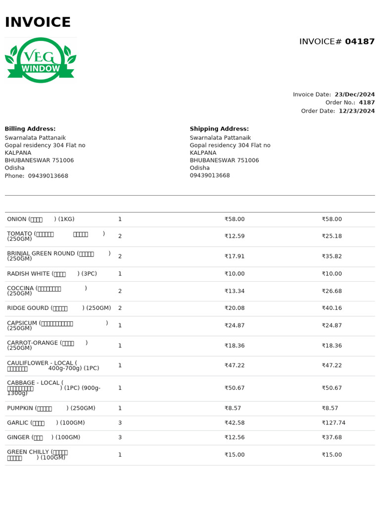 Invoice for Vegetable Purchase 04187 | PDF | Vegan Cuisine | Food ...