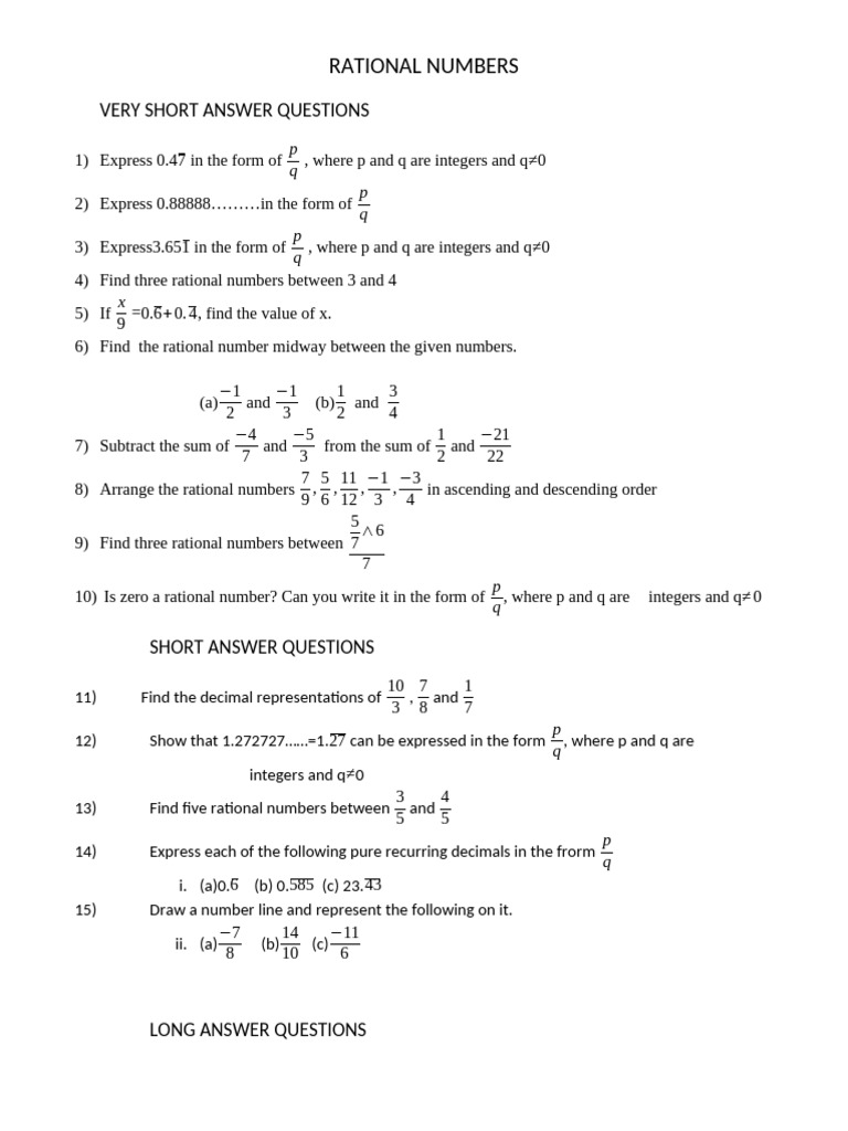 Rational Numbers Worksheet for Class 8 | PDF | Numbers | Rational Number