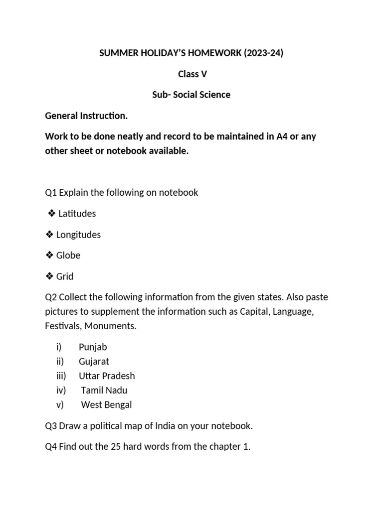 Class 5 SST Summer Homework 2023-24 | PDF