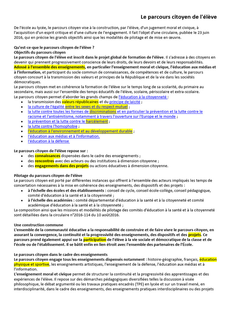 Parcours citoyen de l'élève : enjeux et objectifs | PDF | Citoyenneté ...