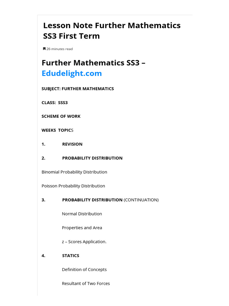 SS3 Further Mathematics Lesson Notes | PDF | Probability Distribution ...