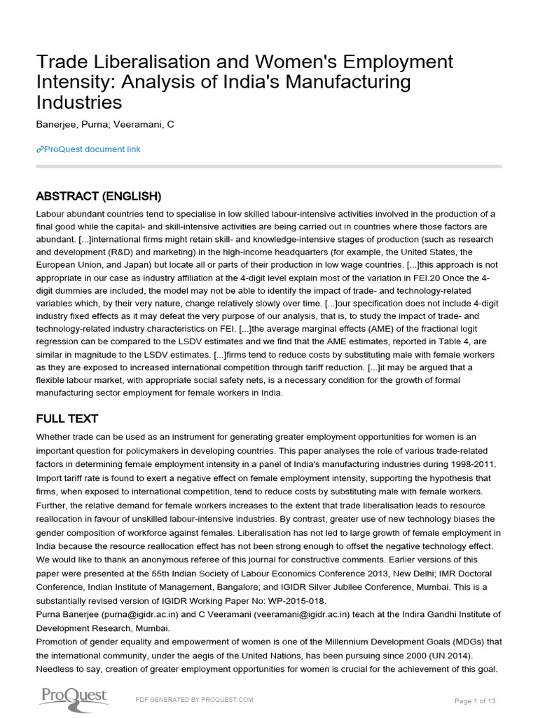 Women's Employment in India's Trade Liberalisation | PDF | Linear ...