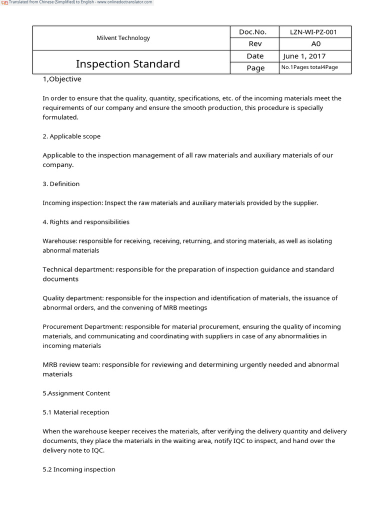 Incoming Material Inspection Procedure | PDF | Warehouse ...