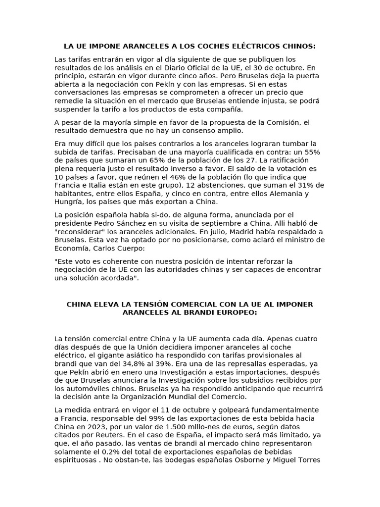 UE Impone Aranceles a Coches Eléctricos Chinos | PDF | España | Arancel