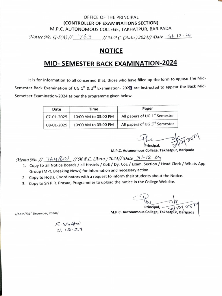 Mid-Semester Back Exam Notice 2024 | PDF