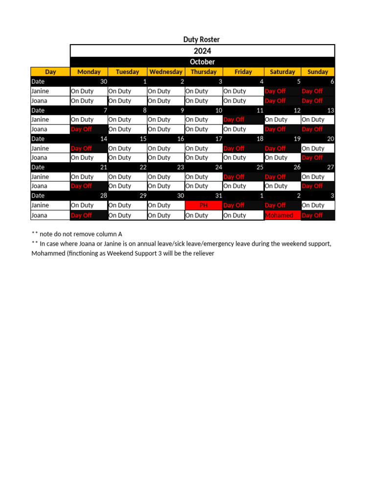2024-2025 Duty Roster Schedule | PDF