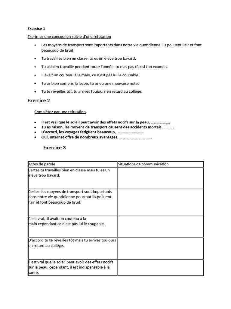 Exercices de concession et réfutation | PDF