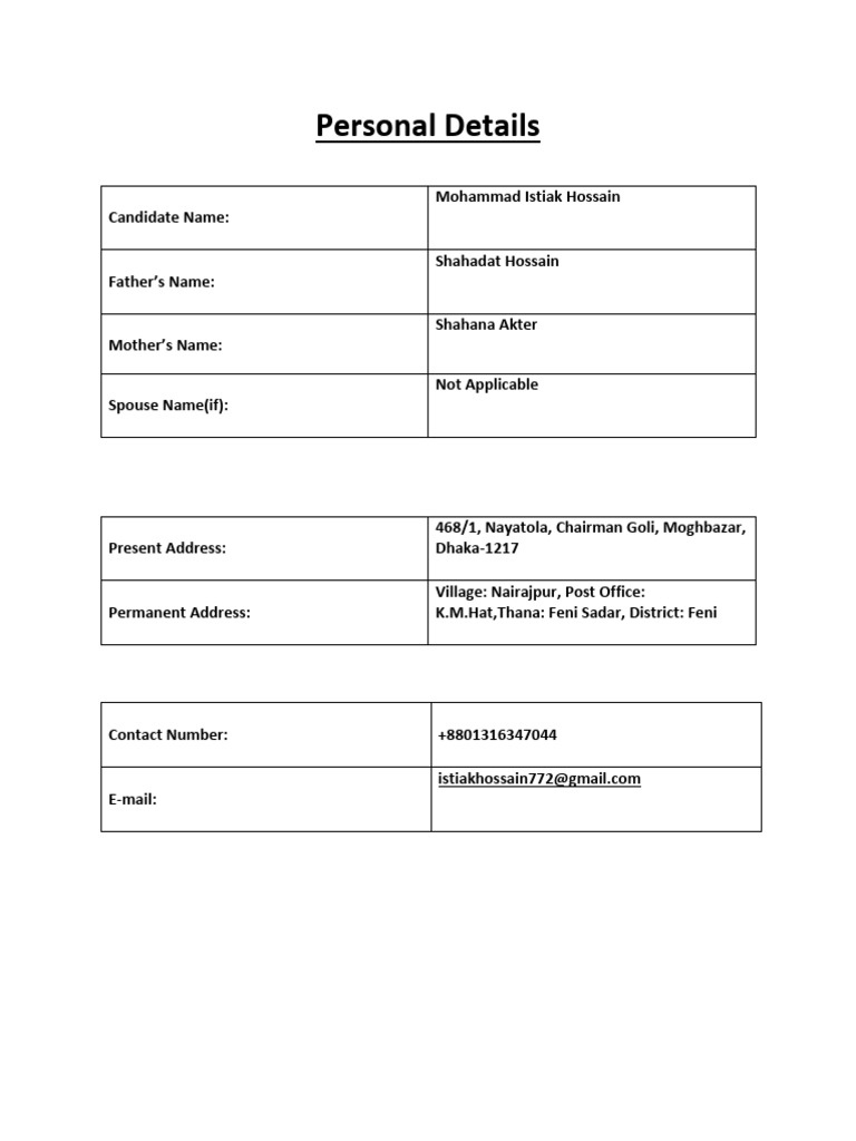 Personal Details of Mohammad Istiak Hossain | PDF