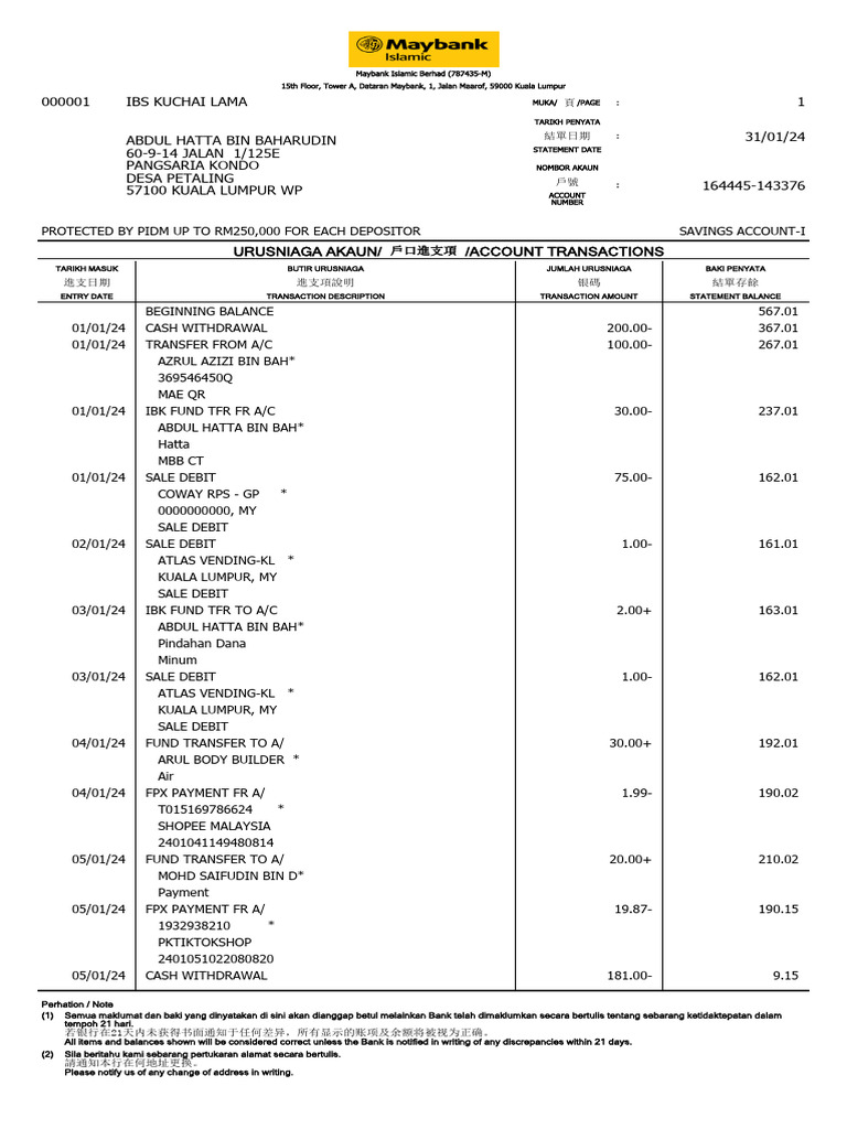 January 2024 Account Transactions | PDF | Debits And Credits | Debit Card