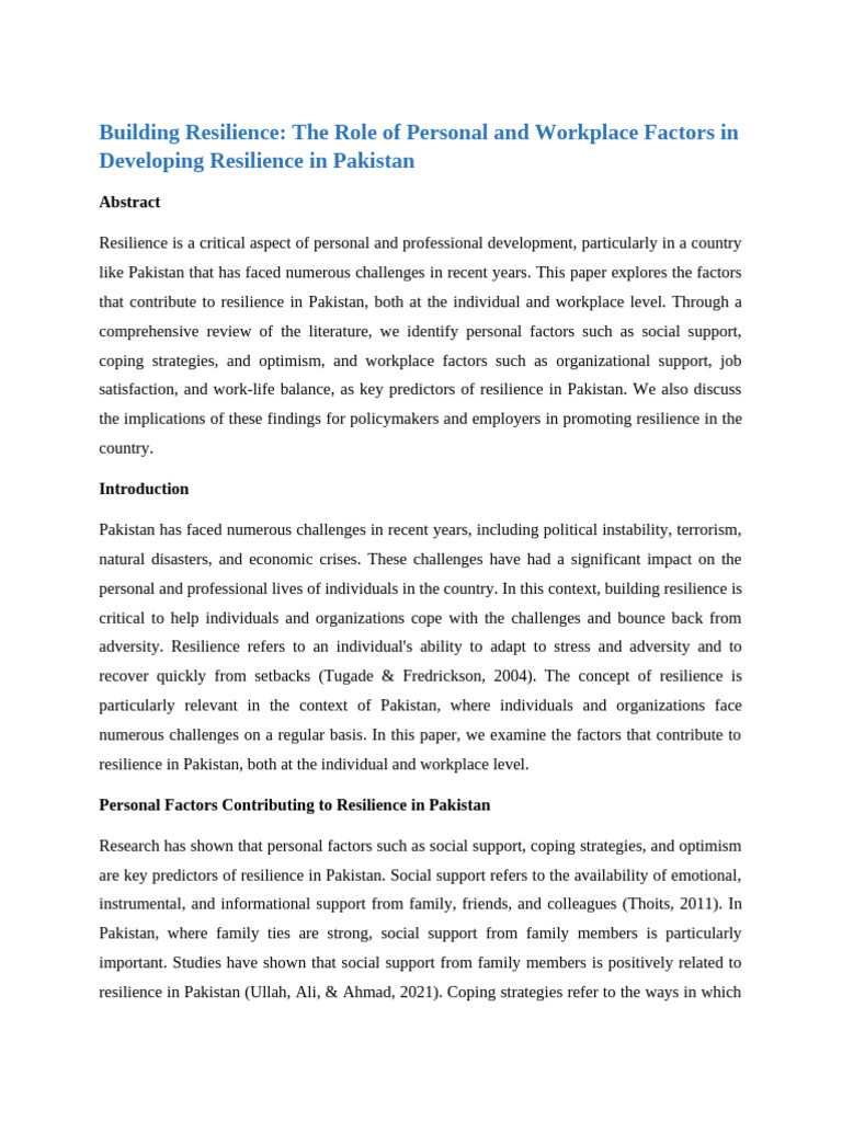 Resilience Factors in Pakistan | PDF | Psychological Resilience ...