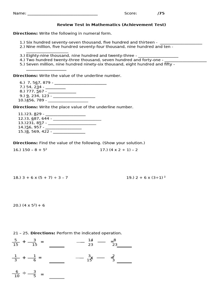 Mathematics Achievement Test Review | PDF | Ratio | Numbers