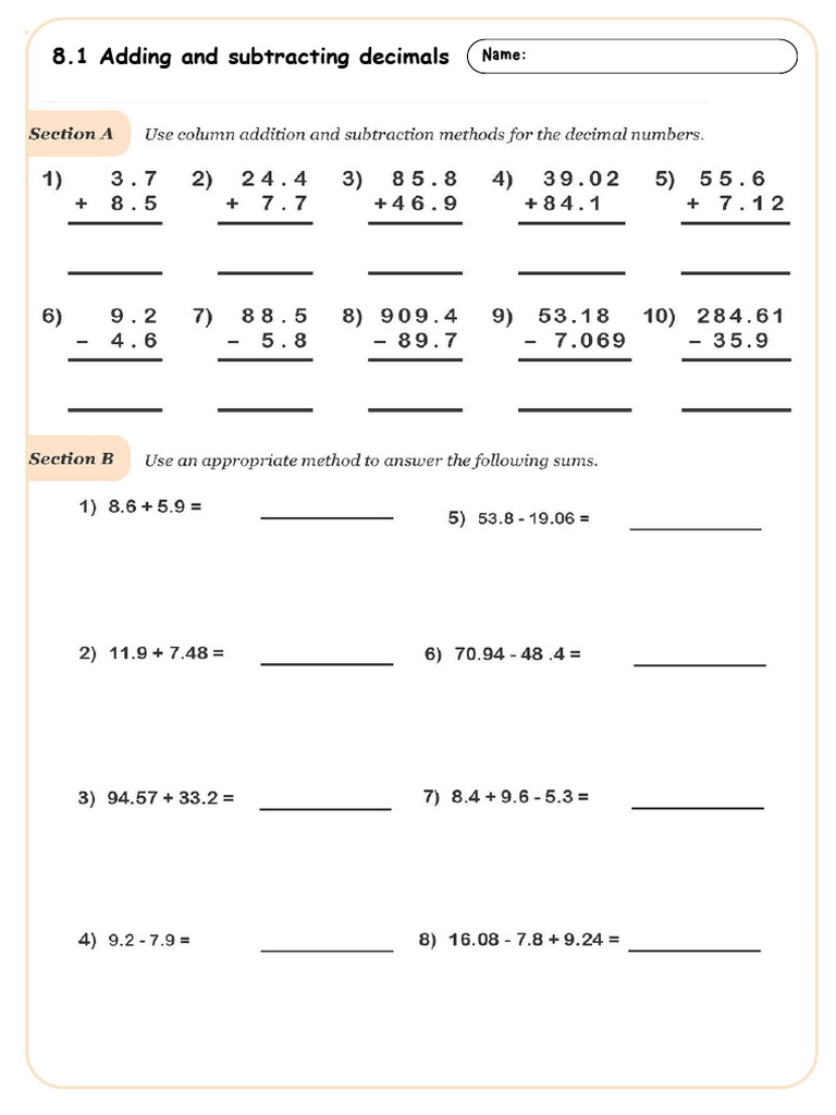 8.1 Adding and Subtracting Decimals | PDF