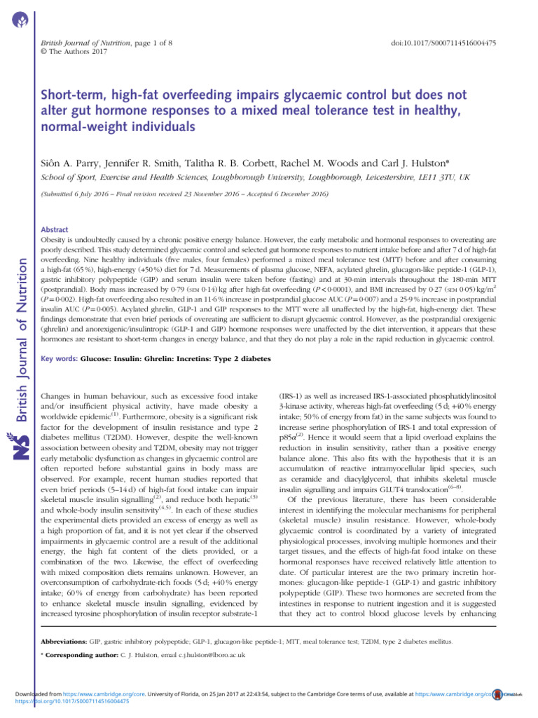 2016 Short-Term, High-Fat Overfeeding Impairs Glycaemic Control But ... - Overfeeding Households And Obesity