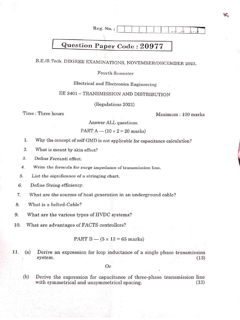 Transmission and Distribution - EE3401 2021 Regulation - Semester ...