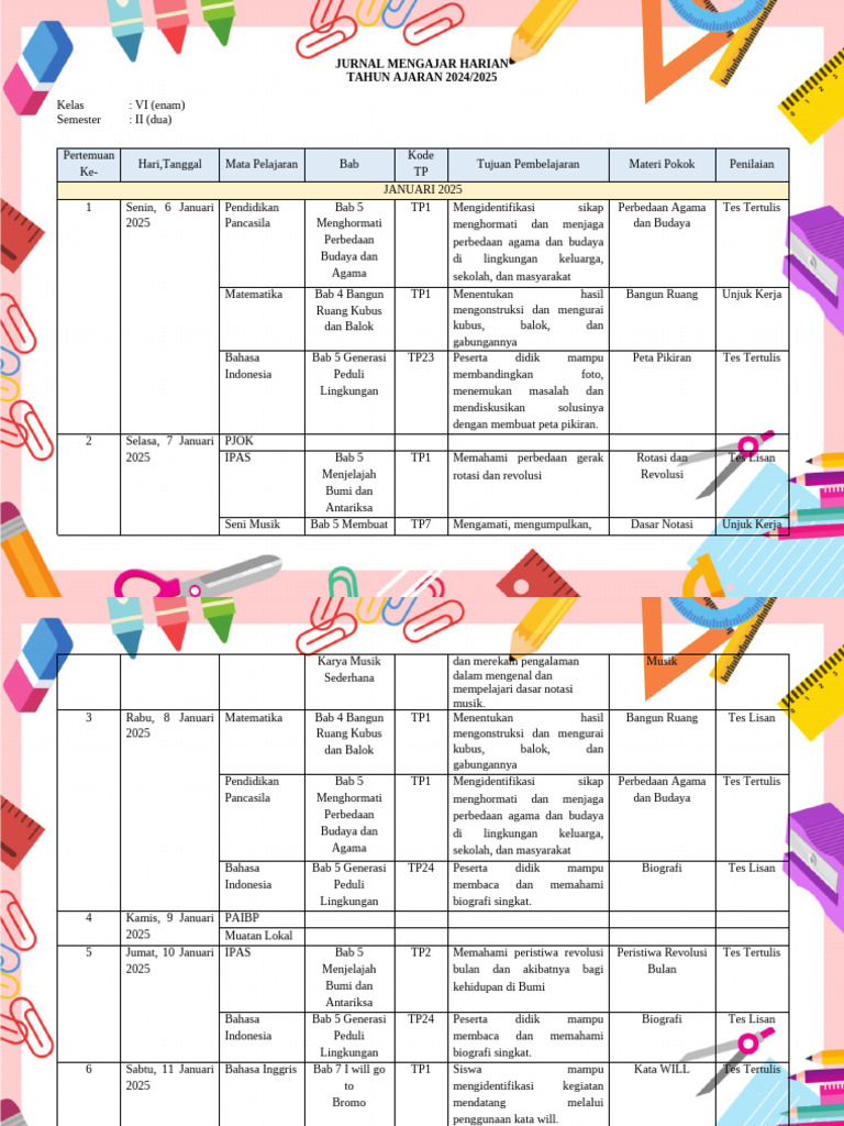 Jurnal Harian Kelas 6 Kurikulum Merdeka | PDF