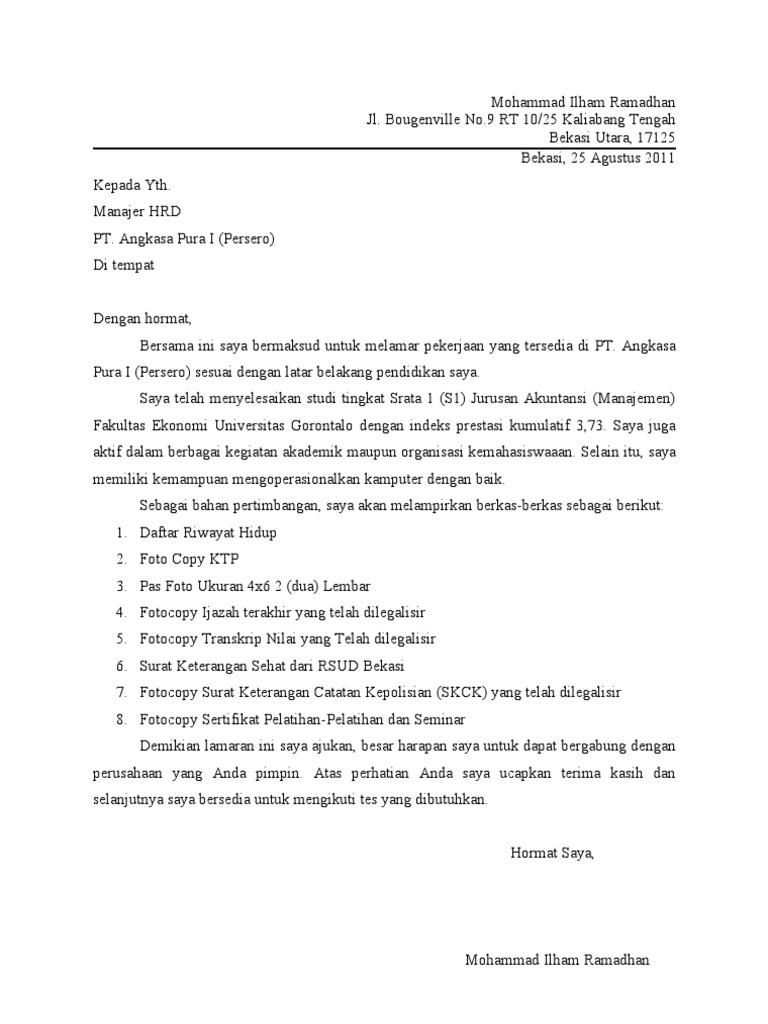 Contoh Surat Lamaran Kerja Pt Angkasa Pura