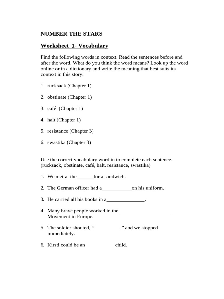 WORKSHEET 1 Number the Stars | PDF