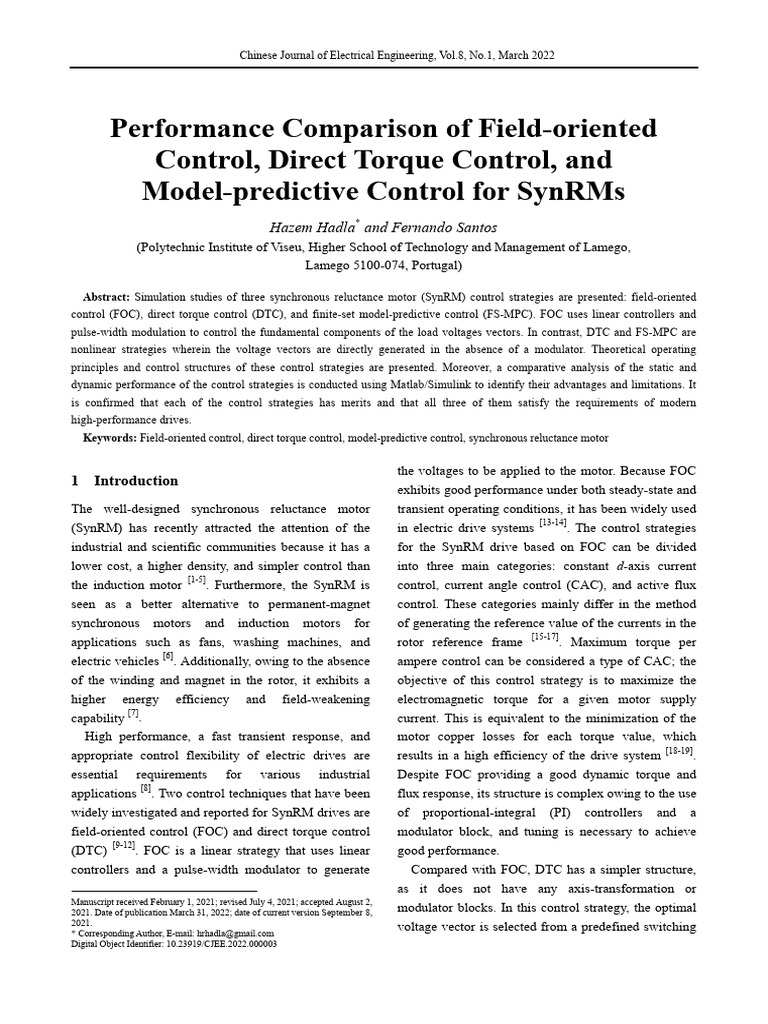Performance Comparison of Field-Oriented Control, Direct Torque Control ...