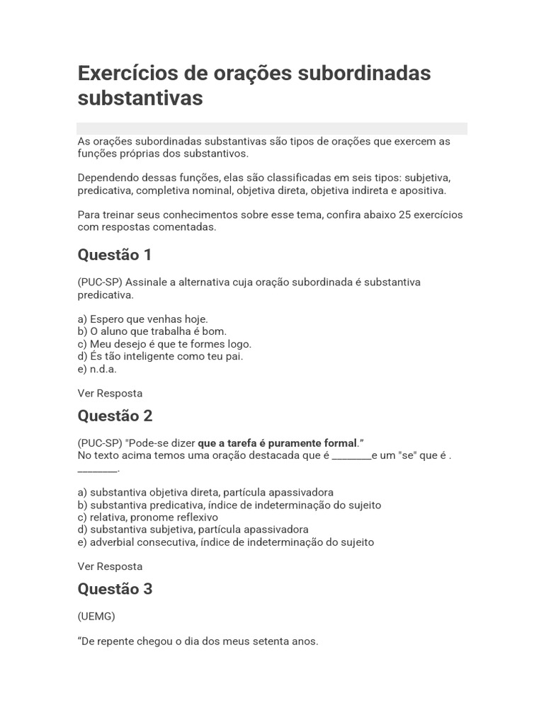 Exercícios sobre Orações Subordinadas | PDF | Sintaxe | Gramática